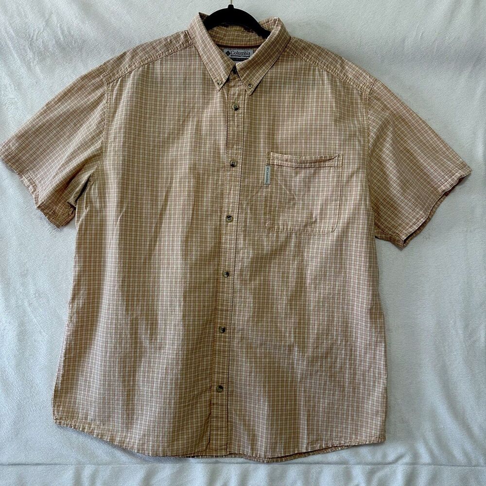 Colombia Shirt Men XXL Orange Plaid ButtonUp Short Sleeve Reg Fit Cotton Casual